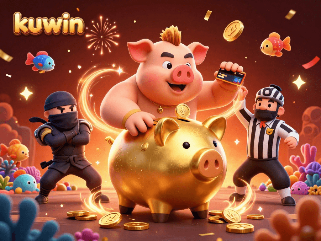 Kuwin's fish shooting game scene featuring a golden piggy bank and friends amidst colorful underwater themes.