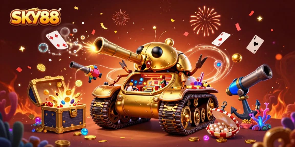 Experience SKY88's vibrant gaming scene with a golden casino beetle tank bursting with excitement.