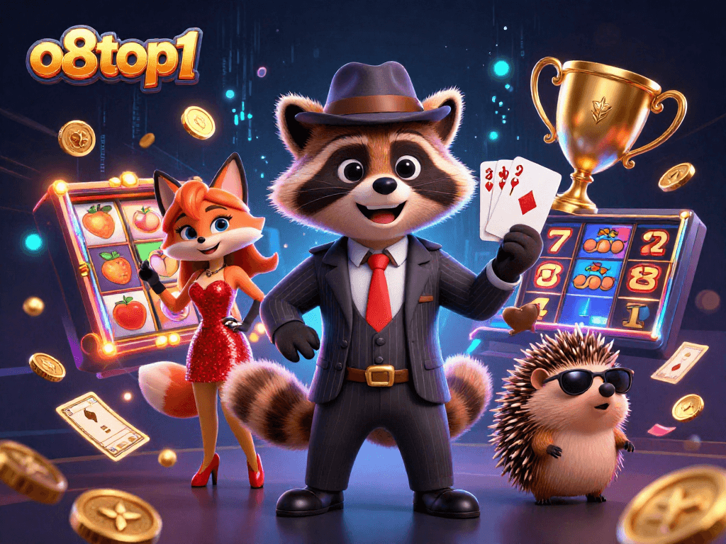Experience excitement with o8top1, featuring vibrant characters and slot reels in a dazzling casino scene.