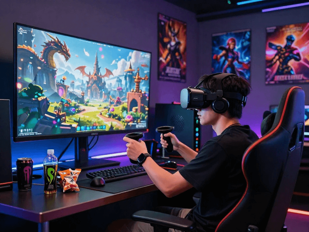 Immersive AI roleplay gaming scene with a player in VR gear amidst colorful landscapes and lively gaming decor.