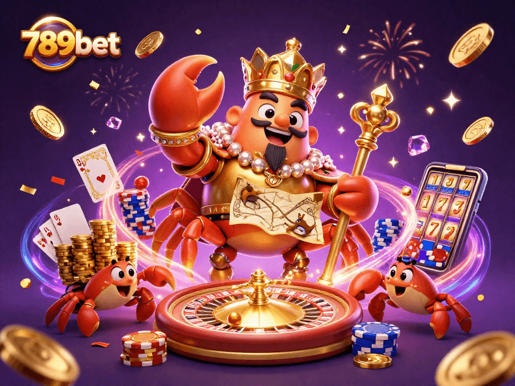 Experience thrilling gaming action with 789bet's exciting casino illustration featuring a golden crab emperor and vibrant gambling elements.