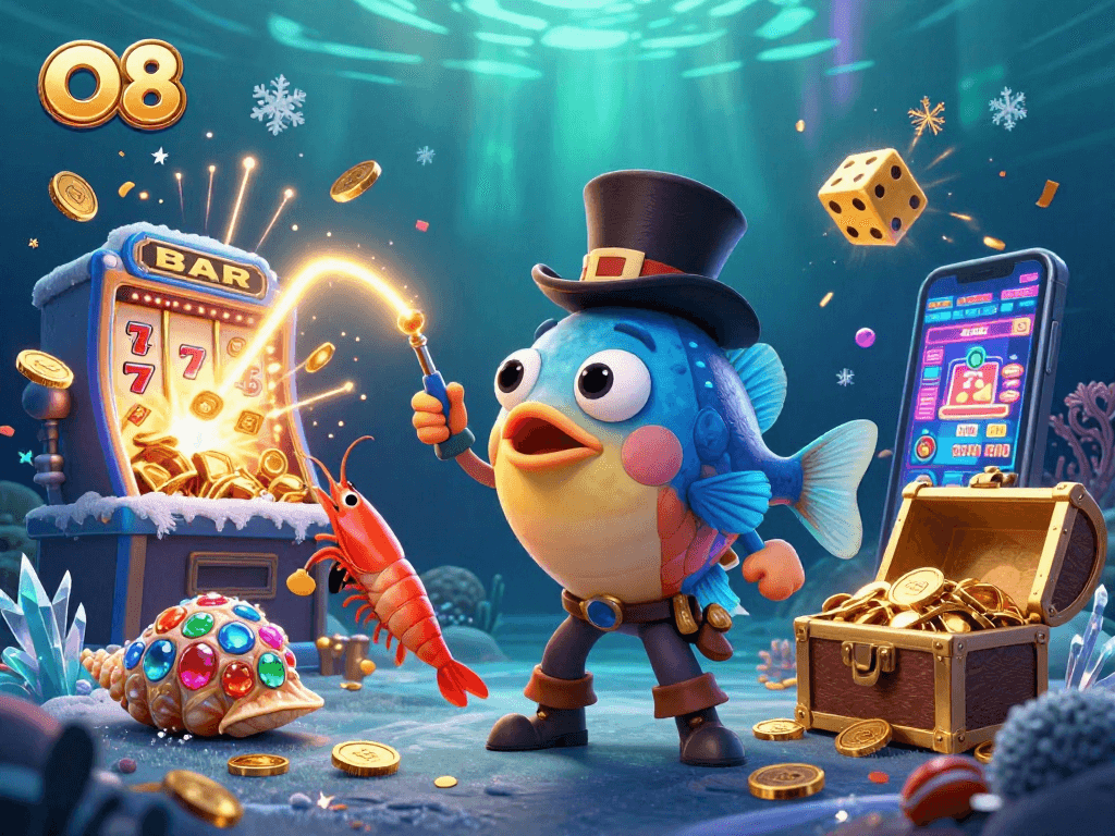Experience thrilling games at O8 with captivating monsters and shining treasures in a vibrant casino world.