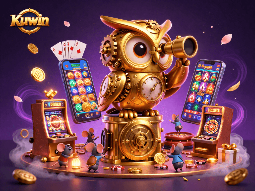 Engage in thrilling gaming experiences at Kuwin with vibrant 3D casino elements and characters.
