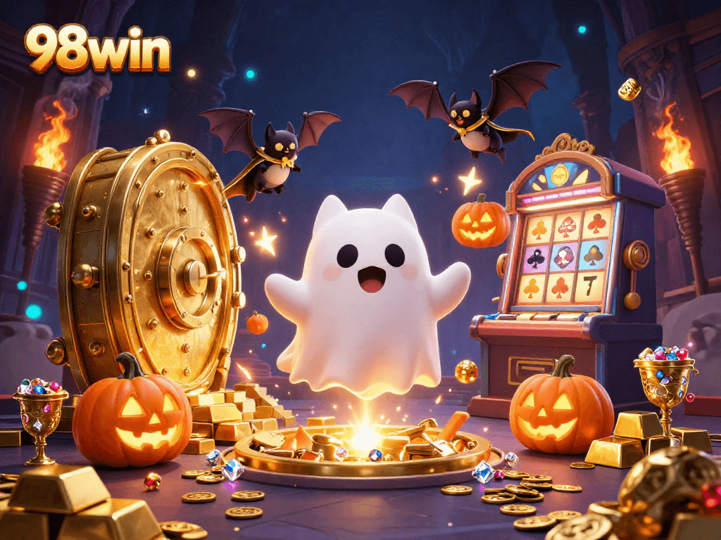 Experience the thrill of 98win in a haunted casino scene with a friendly ghost cat and vampire bat.