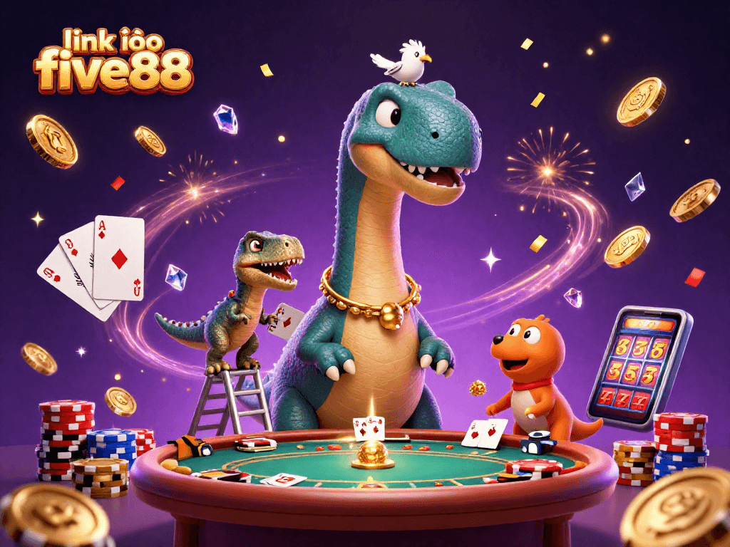Join the fun with link vào five88, as a brontosaurus engages in a playful poker game.