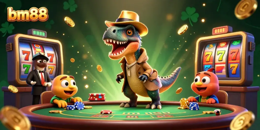 Experience exciting gameplay at bm88 with colorful slot reels and clever characters at a lively casino.