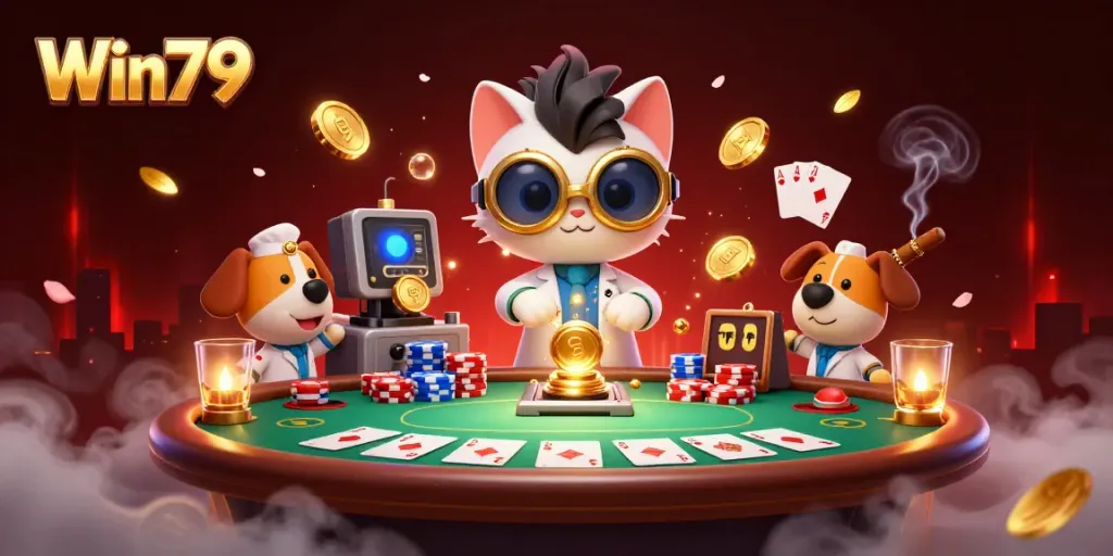 Win79 mad scientist cat and dog assistant create a gold-coin machine amidst poker chips in vibrant casino scene.