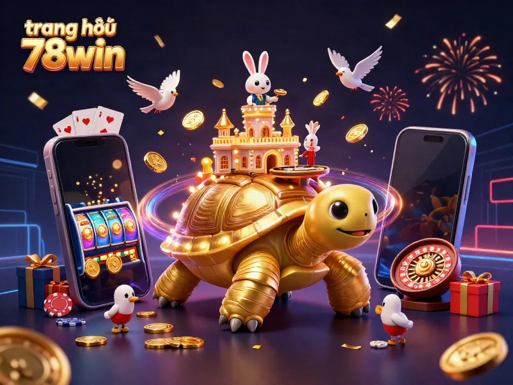 Experience the vibrant world of trang chủ 78win with a whimsical casino scene featuring a golden tortoise and lively game elements.