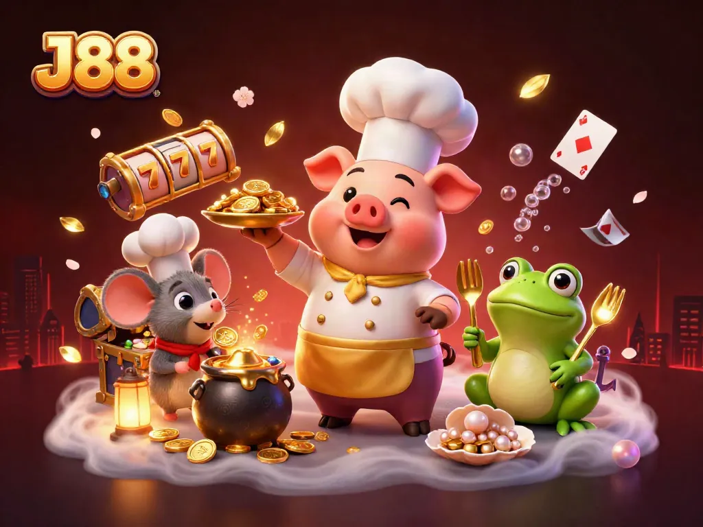 Experience J88's vibrant casino energy with slot coins, lively characters, and festive gameplay details.