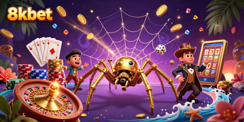 8xbet showcases thrilling moments of casino action with steampunk characters and vibrant chips.