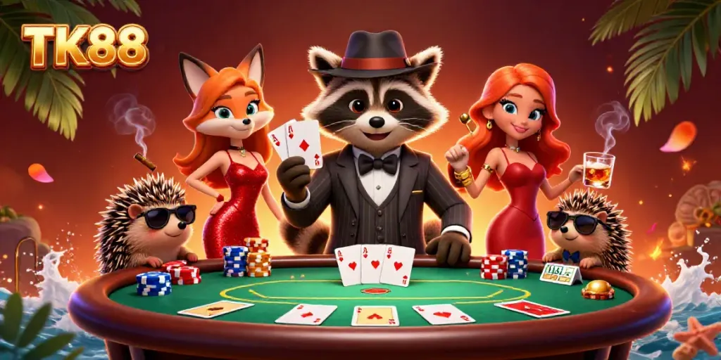 Experience thrilling poker action with TK88 in this vibrant 3D casino illustration featuring unique characters and elements.