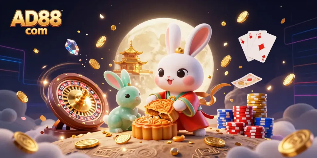 Engage with the vibrant atmosphere of AD88 com in this animated casino scene featuring a moon rabbit with poker chips amidst sparkling elements.