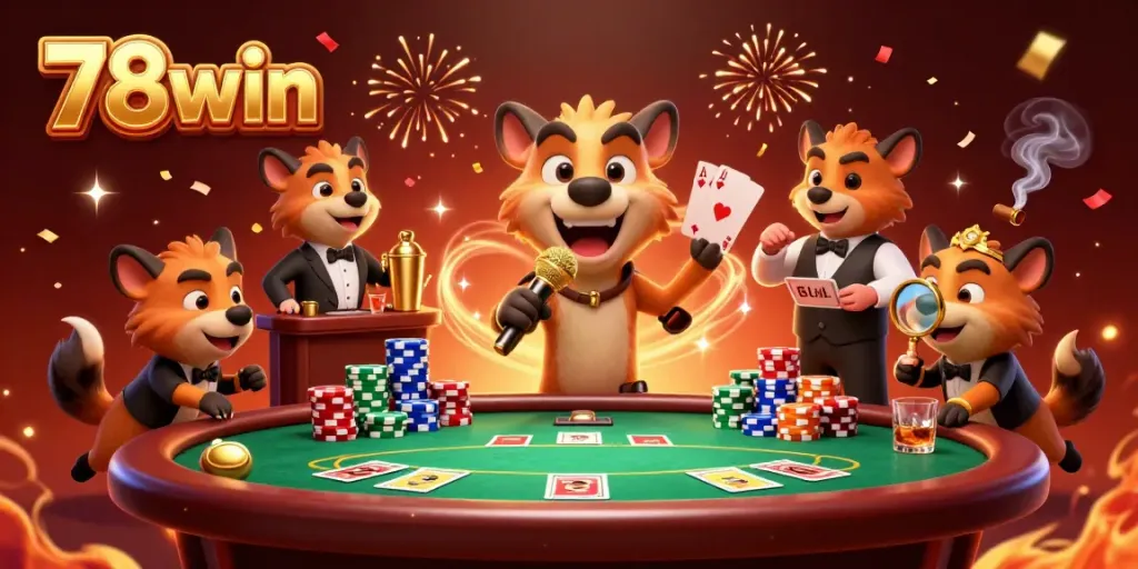 Engage in thrilling games at 78win, featuring exciting casino scenes with hyenas in action.