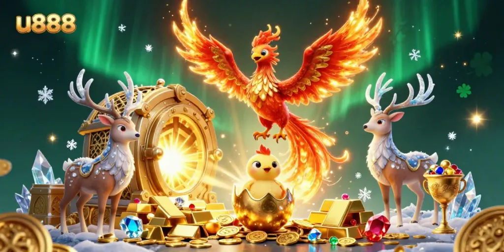 Engage in thrilling games at u888 with a vibrant 3D phoenix illustration, rich in gold and jewels.