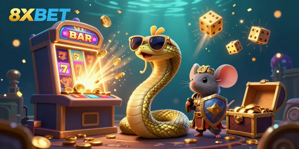 Engage with 8XBET's vibrant casino atmosphere featuring Medusa, a courageous mouse, and a jackpot explosion.
