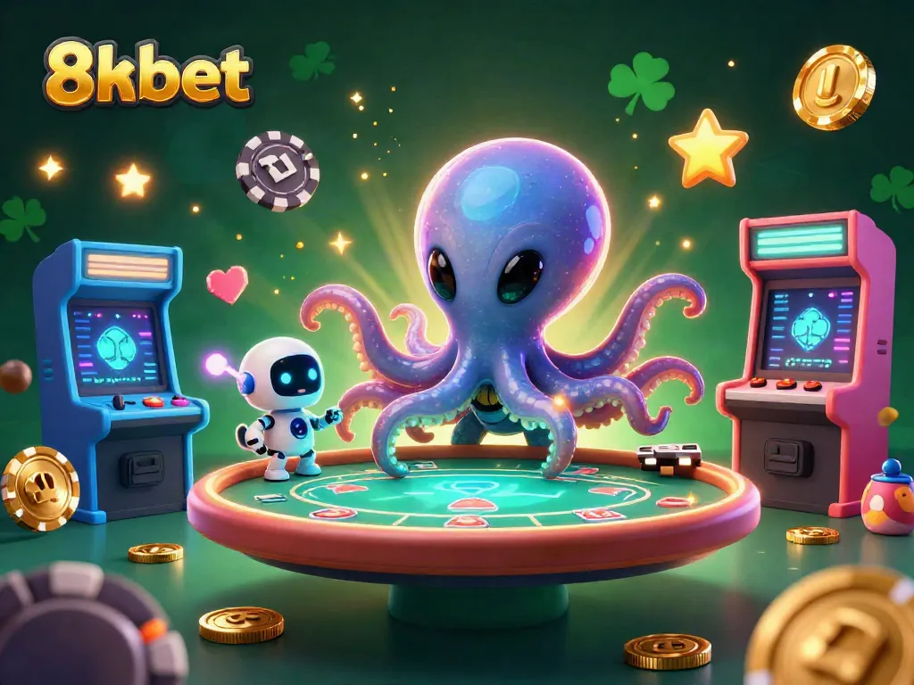 Play casino games with 8xbet's vibrant alien-themed illustration and exciting holographic poker action.