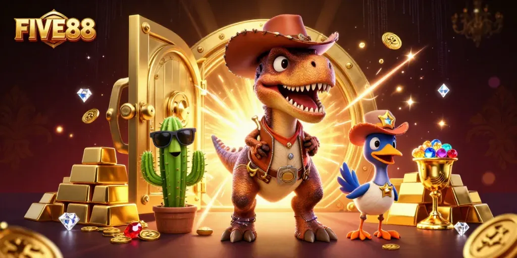 Win big at FIVE88 with a dynamic casino-themed illustration featuring exciting characters and treasures.