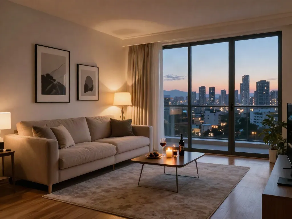 Luxurious דירות דיסקרטיות בבת ים with elegant decor and city view at dusk.