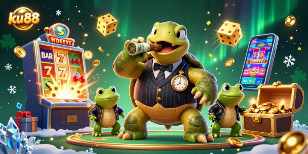 ku88 online casino featuring a cartoon turtle in a pinstripe suit and dynamic gambling elements