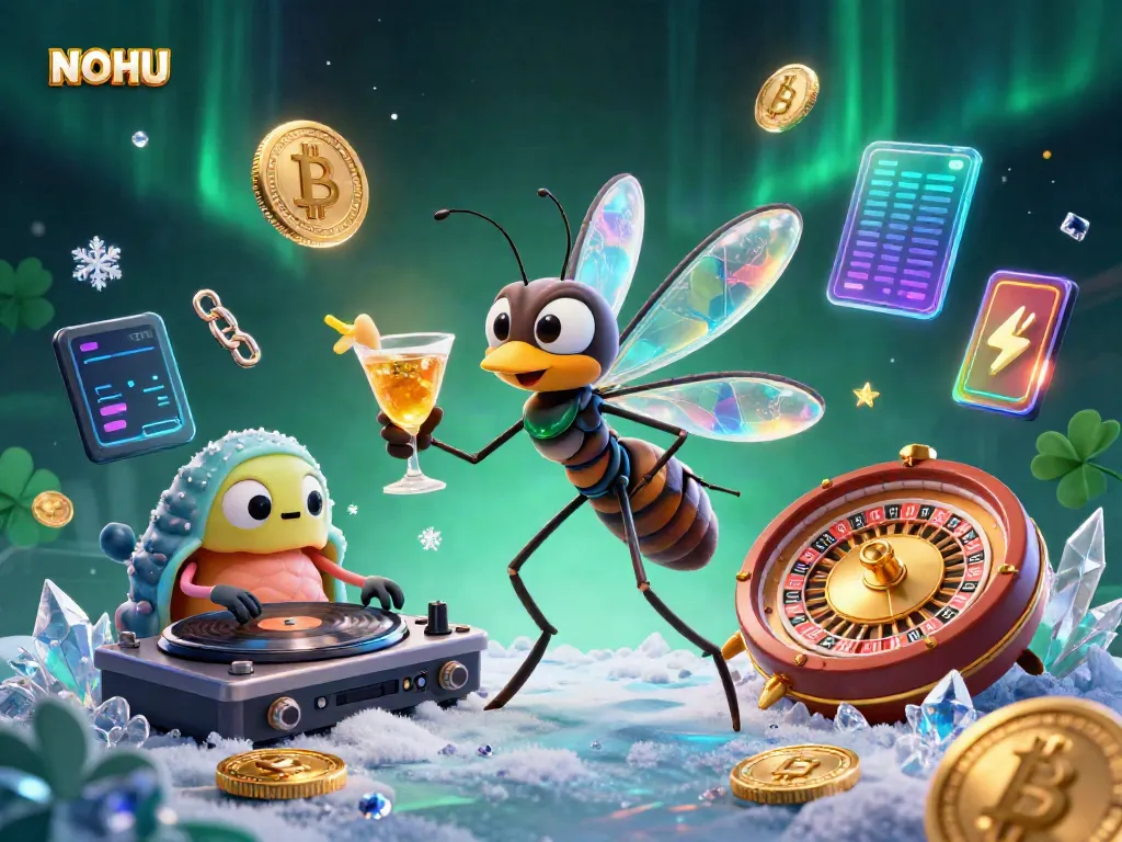 Engaging NOHU casino illustration showcasing vibrant characters with a frozen mosquito mascot and dynamic gaming elements.