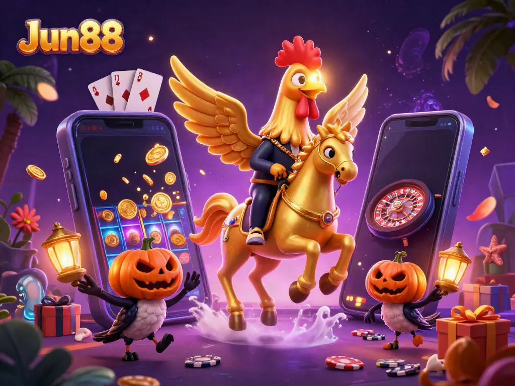 Experience the excitement of Jun88 with a vibrant casino scene featuring a golden rooster and captivating game elements.