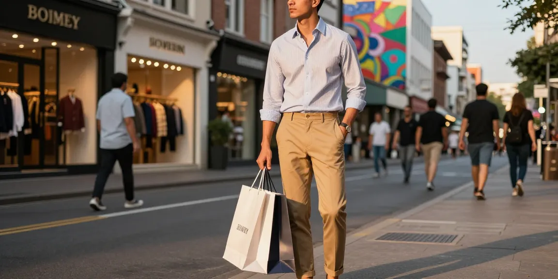 Stylish man showcasing men's clothing from a luxury online boutique, vibrant urban backdrop.