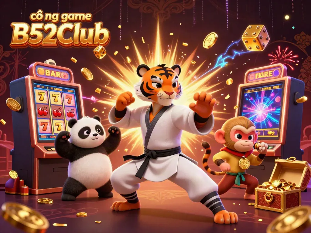 Experience the excitement of cổng game B52Club with a playful 3D scene featuring vibrant characters and casino elements.