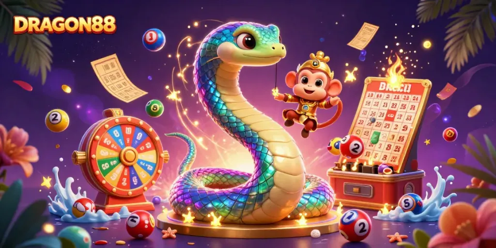 Experience the thrilling energy of DRAGON88 with vibrant casino elements and playful characters.