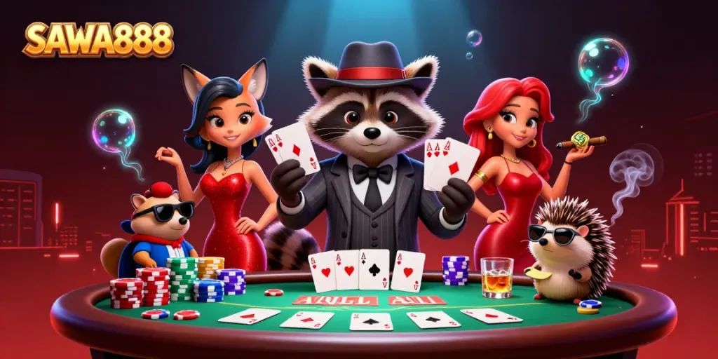 Experience winning moments with SAWA888 featuring a suave raccoon in a lively casino scene.