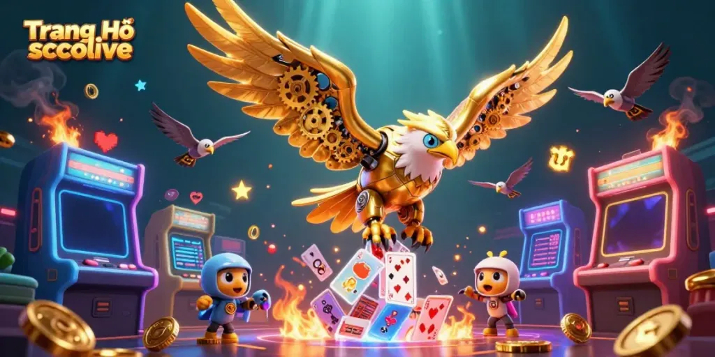 Engage with Trang Chủ socolive's vibrant 3D gaming adventure featuring a golden eagle amidst holographic cards.