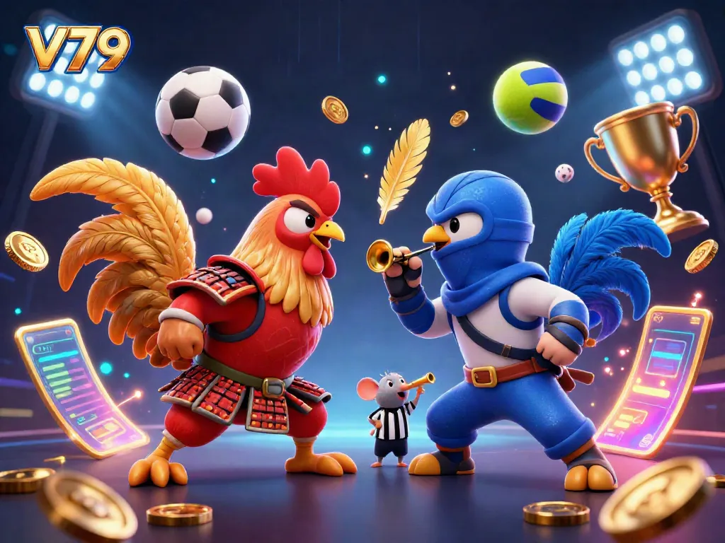 Experience the thrilling action of V79 featuring cartoon fighting roosters set in an energetic casino backdrop.