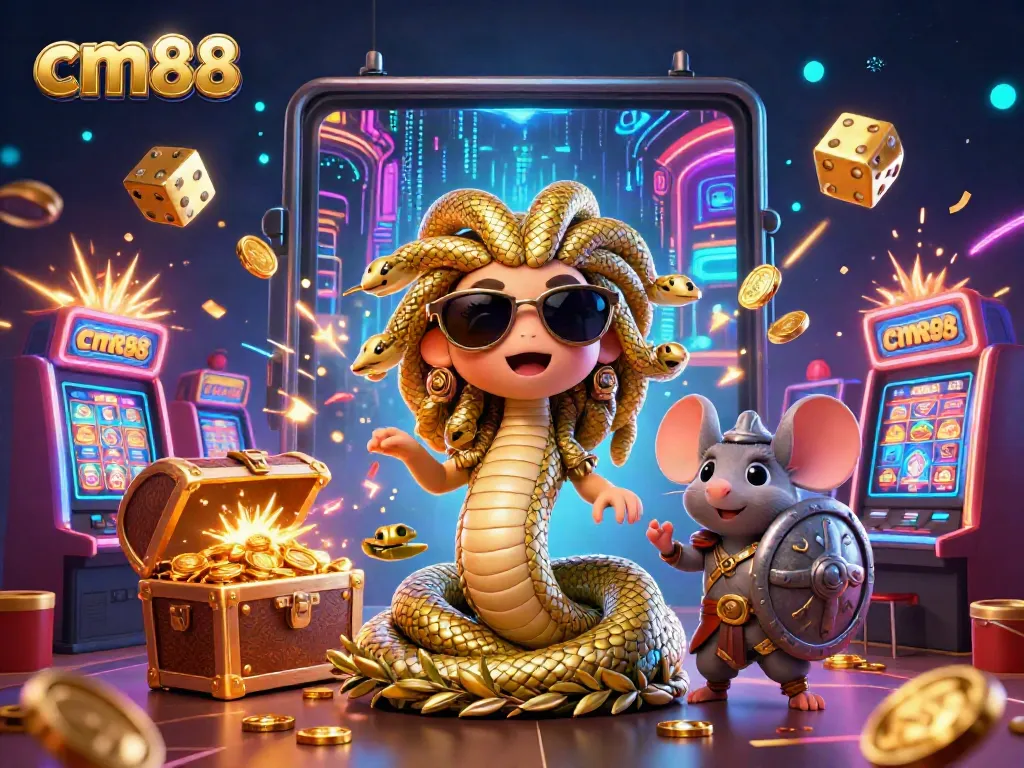 Engage with cm88's vibrant casino experience featuring a friendly Medusa and warrior mouse amidst a jackpot celebration.