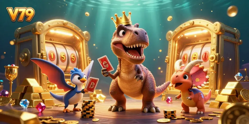 Experience thrilling gameplay at V79 with our friendly T-Rex, pterodactyl, and triceratops in a rich casino scene.