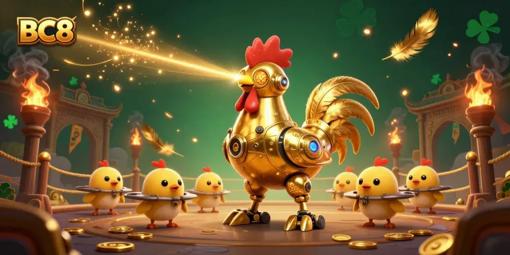 Engage with BC8 in lively cockfighting action with a vibrant golden rooster and drones in a colorful arena.