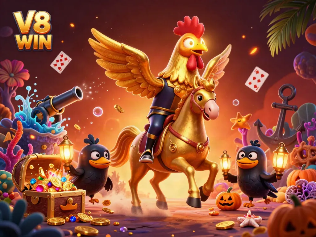 Experience thrilling V8 WIN adventures with a vibrant midnight casino scene featuring a golden rooster and crow companions.