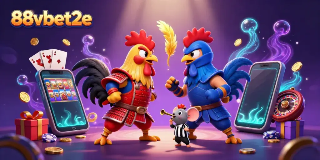 Engage in thrilling battles at 88vbet2e with animated rooster duel amidst dynamic casino games.