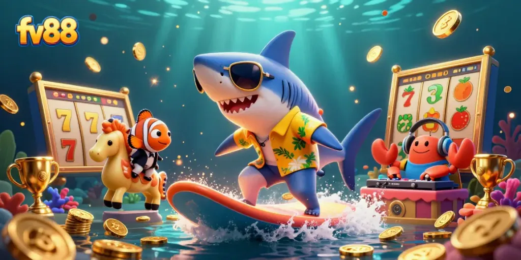 Experience the excitement of fv88 with thrilling slot reels and vibrant characters in a dynamic underwater scene.