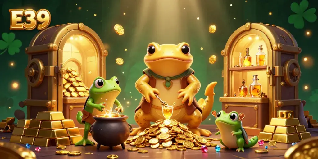 E39-themed enchanting casino illustration with a golden salamander and a frog alchemist creating gold coins.
