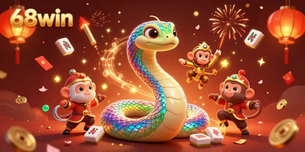 Experience thrilling gameplay with 68win's festive 3D casino scene featuring vibrant characters and magical elements.