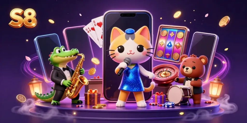 S8 offers an exhilarating online casino experience with vibrant characters and dynamic games surrounded by gold coins and excitement.