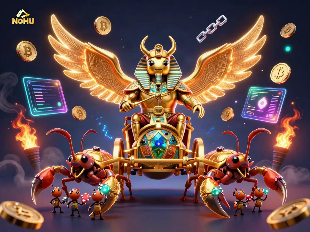Experience thrilling gameplay with NOHU in a vibrant 3D casino scene featuring a golden scarab and dynamic elements.