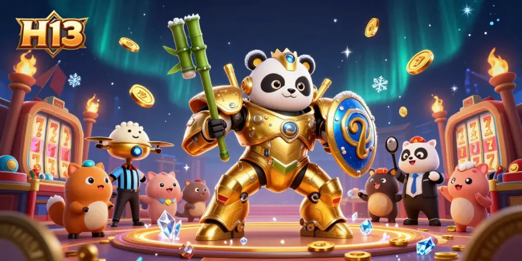 Engage with H 13 casino action featuring a golden panda in a mech suit amidst vibrant slot machines.