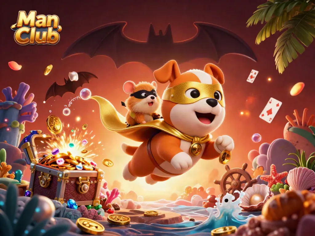 Man Club's engaging casino adventure illustrated with a flying dog, golden coins, and poker chip elements.