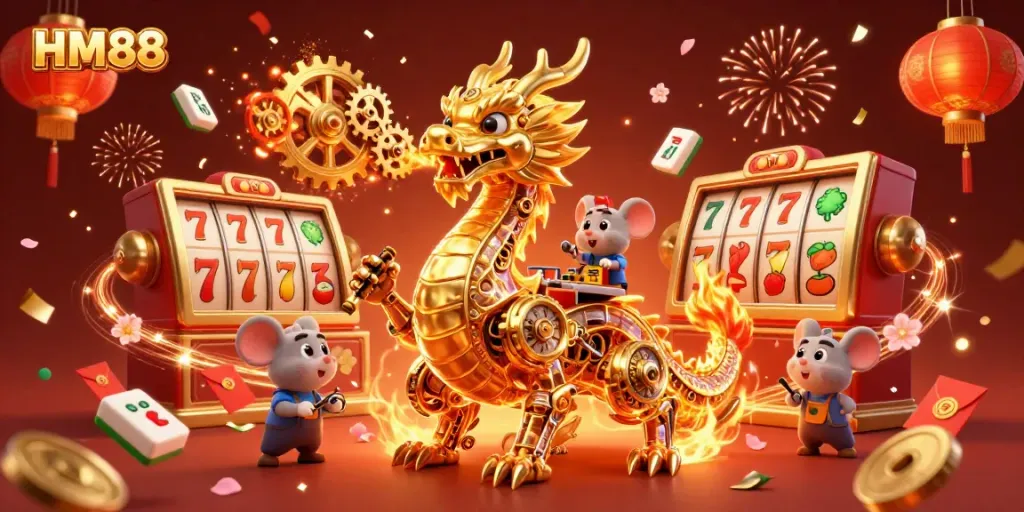 HM88 celebrates with a golden dragon and festive casino elements, embodying vibrant gaming energy.