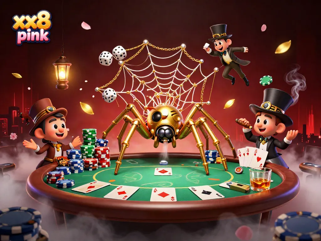 Engage with the thrilling world of xx8 pink through a mesmerizing 3D spider web of fortune, capturing dice and poker excitement.