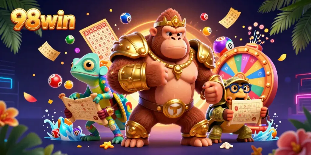 Experience thrilling gameplay with 98win as the 3D gorilla king and a vibrant gaming scene burst with dynamic lottery elements.