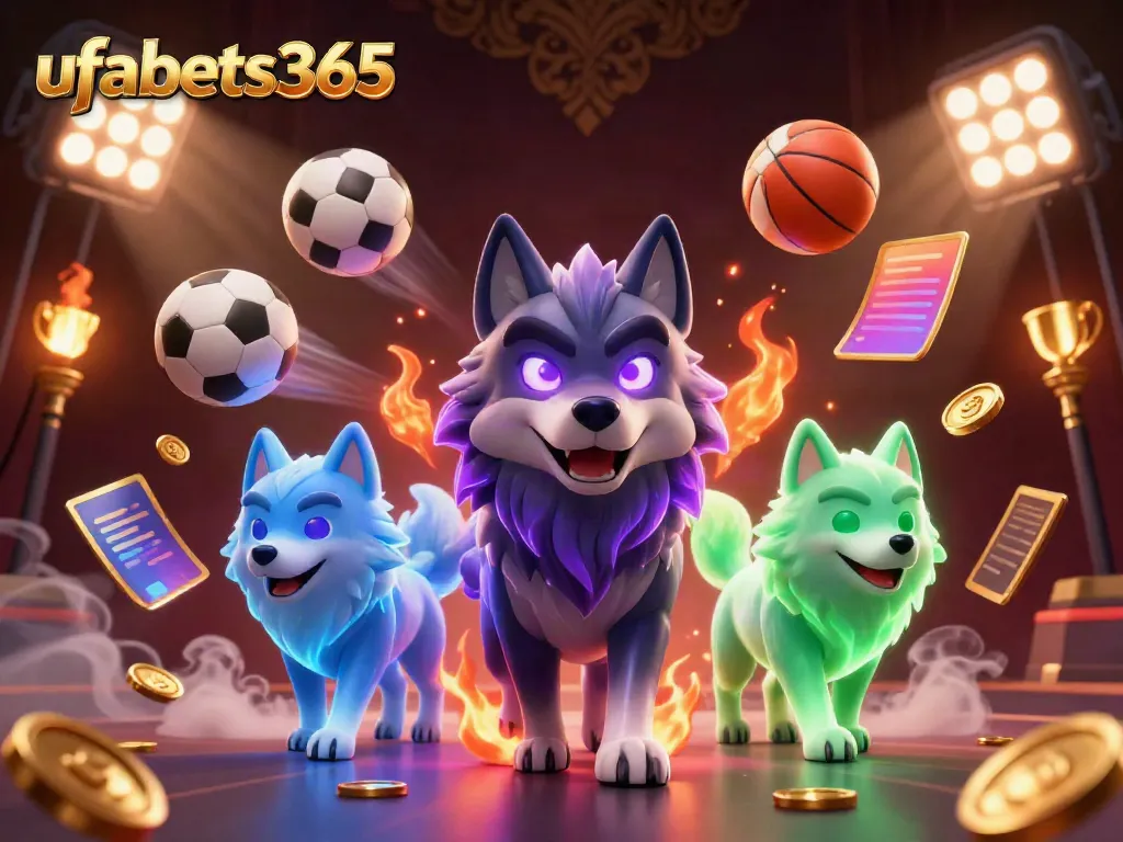 Experience the excitement of ufabets365 with a dynamic 3D illustration featuring an energetic shadow wolf pack leader and vibrant sports elements.