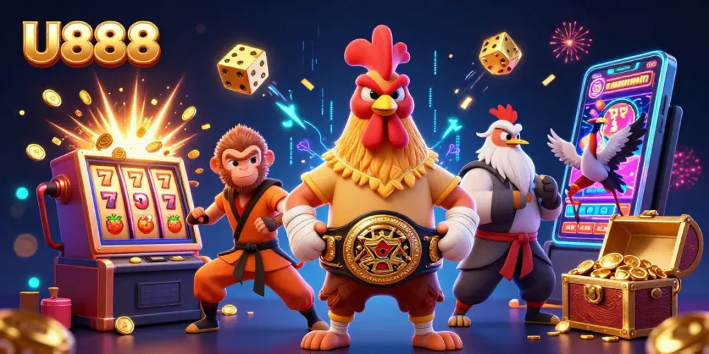 Experience U888 with a vibrant 3D casino scene featuring a Muay Thai rooster and slot machine jackpots.