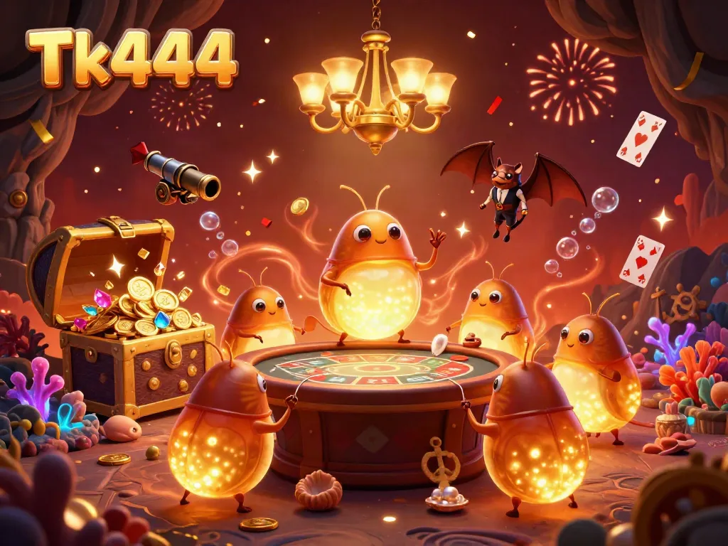 Experience the vibrant energy of Tk444 with glowworms illuminating a cave casino, surrounded by treasure and celebration.