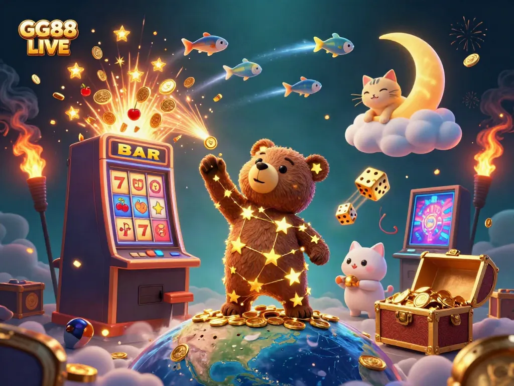 Experience the excitement of GG88 LIVE with a vibrant, 3D casino scene filled with sparkling elements and character interactions.
